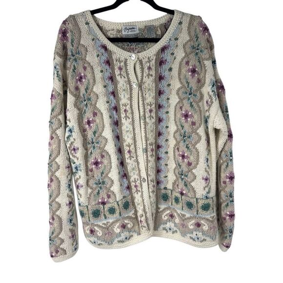 90’s Hand Knitted 3D Textured Button Up Cardigan Floral‎ - Picture 1 of 8